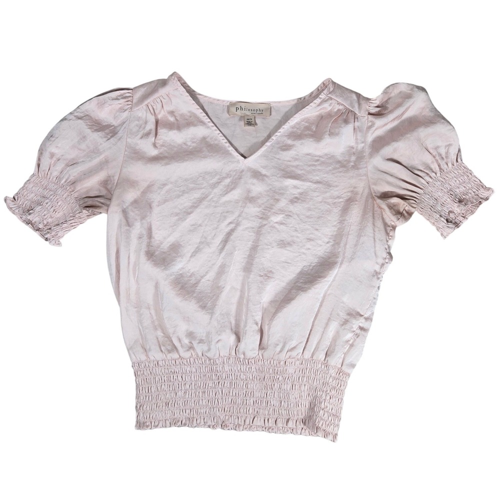Philosophy Republic Clothing Pink Satin Smocked Waist Puff Sleeve Blouse XS